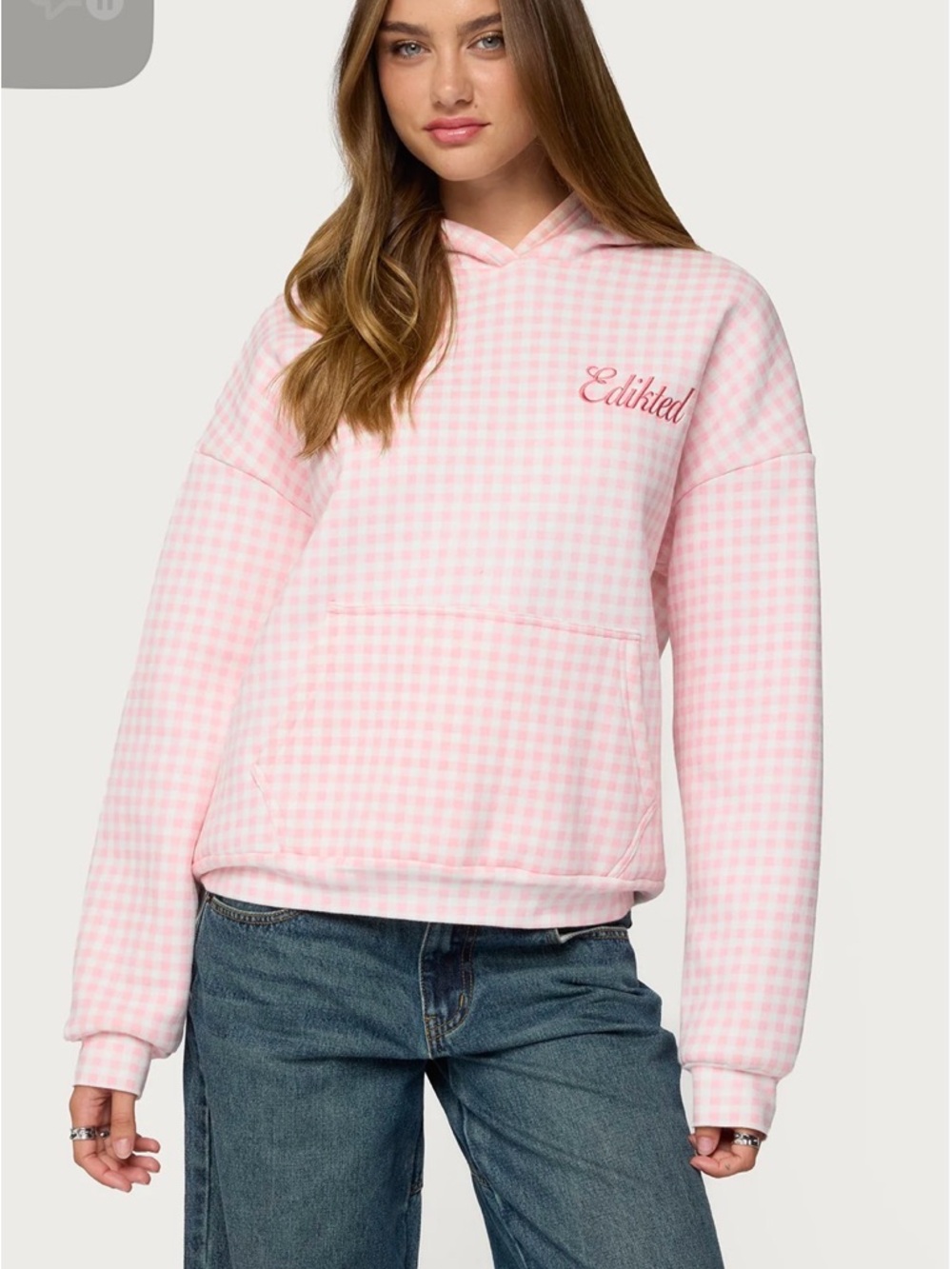 Edikted, Pink Gingham Graphic Hoodie P2P 25”, Size S | 1825